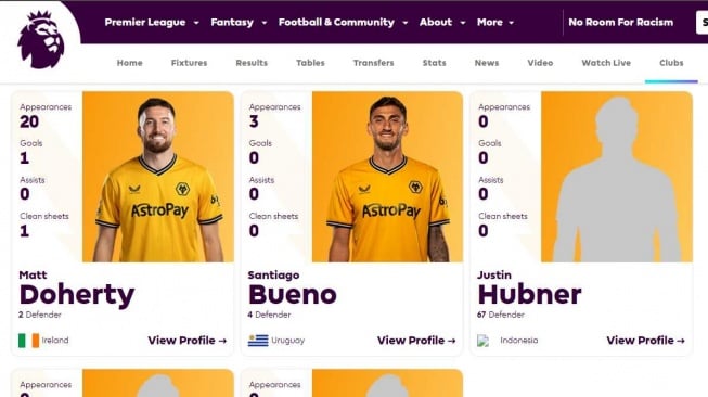 Nama Justin Hubner masuk skuad utama Wolverhampton Wanderers di situs resmi Premier League. [Dok. Tangkapan Layar situs Premier League]