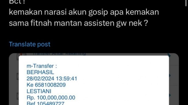 Rizky Billar Pamer Bukti Transfer Rp100 Juta ke Lesti Kejora. (X)