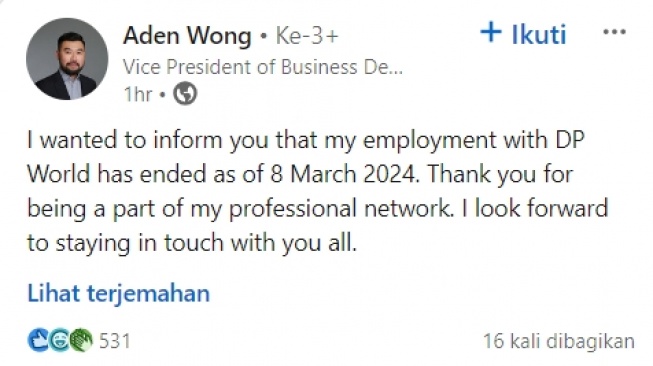 Aden Wong mundur dari pekerjaannya di DP World (LikedIn)