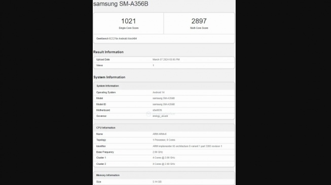 Geekbench Samsung Galaxy A35 5G. [Mysmartprice]