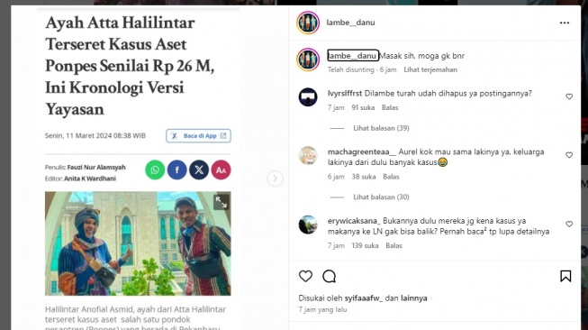 Tangkapan layar postingan artikel keluarga Halilintar terseret kasus aset ponpes. [Instagram/@lambe__danu]