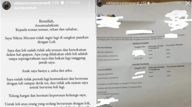 Tangkapan layar unggahan Nikita Mirzani yang diunggah ulang @lambe_danu.