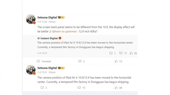 Bocoran kamera iPad Air dan iPad Pro. [Weibo] 