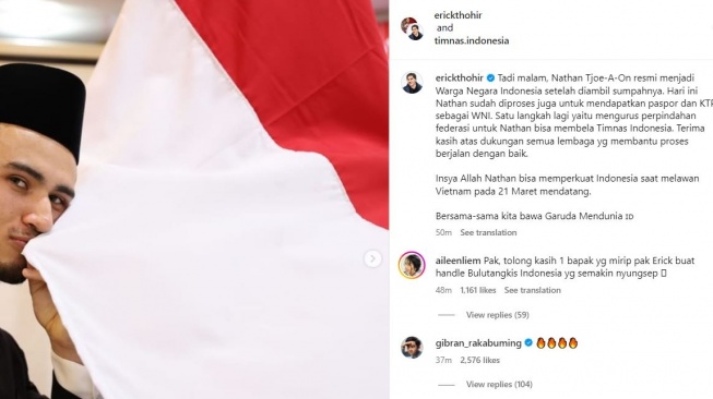 Gibran Rakabuming Raka komentari unggahan Erick Thohir. (Instagram/@erickthohir)