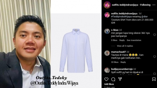 Kemeja Dior Mayor Teddy. (Instagram/@outfits.teddyindrawijaya)