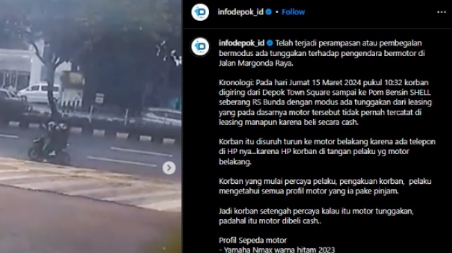 Sebuah akun Instagram mengunggah video yang memperlihatkan aksi begal bermodus leasing di Depok, Jawa Barat. [tangkap layar]