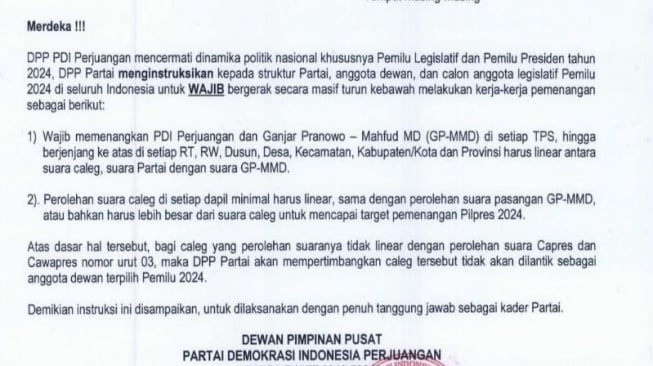 Surat edaran DPP PDIP untuk caleg Pemilu 2024 dengan isi instruksi pemenangan di Pileg dan Pilpres. [Ist]