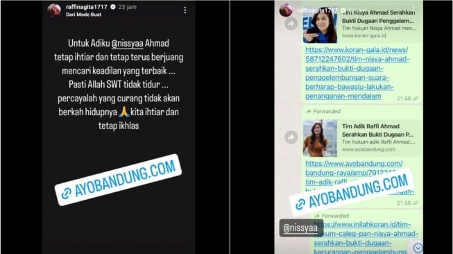 Raffi Ahmad dukung Nisya Ahmad laporkan dugaan kecurangan Pemilu 2024 (Instagram/@raffinagita1717)