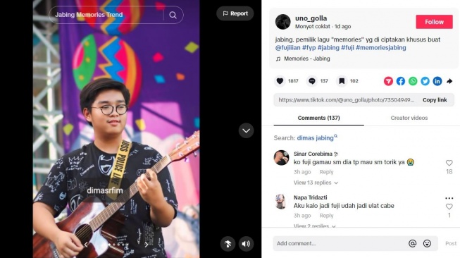 Cowok diduga Dimas Jabing yang membuat lagu untuk Fuji. (TikTok/uno_golla)