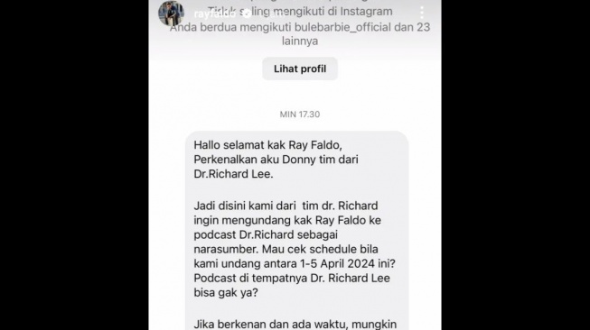 undangan dr Richard Lee kepada adik Ragil Mahardika (Instagram/@lambe__danu)