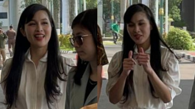 Ekspresi Sandra Dewi saat akan diperiksa Kejagung, Kamis (4/4/2024). [Suara.com/M Yasir]