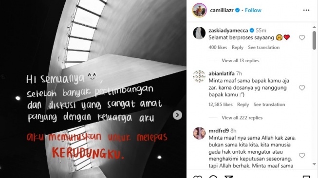 Zaskia Adya Meccca kasih selamat ke anak Ridwan Kamil yang memutuskan lepas hijab (Instagram/@camilliazr)