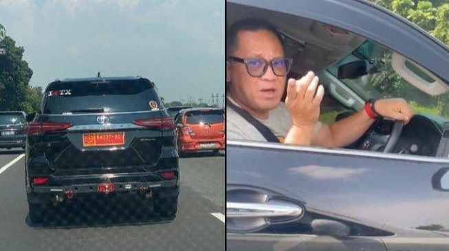 Pengemudi Toyota Fortuner pelat TNI marah seusai menabrak mobil wartawan di Tol Japek KM 57. (Istimewa)