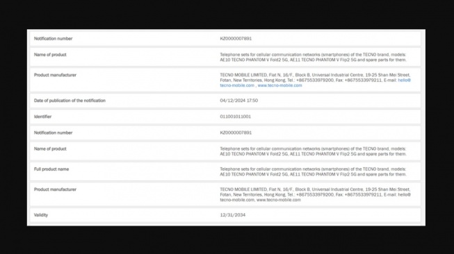 Sertifikat EEC Tecno Phantom V Fold 2 5G. [Gizmochina] 