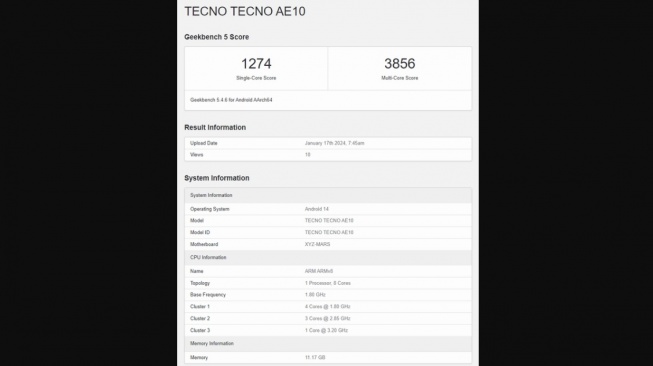 Geekbench Tecno Phantom V Fold 2. [Gizmochina] 