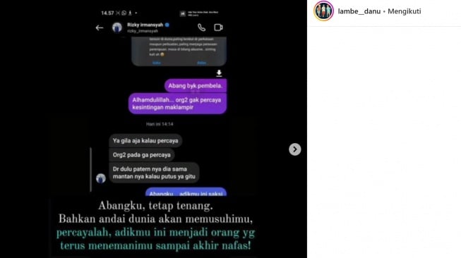 Diduga pesan Instagram Rizky Irmansyah soal Nikita Mirzani (Instagram/@lambe__danu)