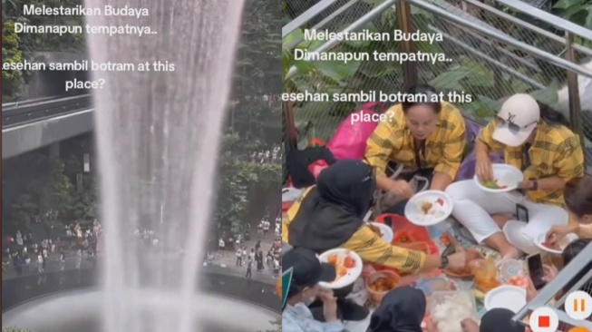 Viral Ibu-ibu Ini dengan Lahap Makan di Bandara Changi Singapura, Lesehan hingga Bawa Cobek