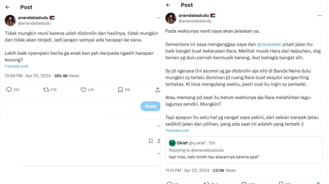 Ananda Badudu Tegaskan Banda Neira Tidak Akan Reuni Ada Penyesalan Ke