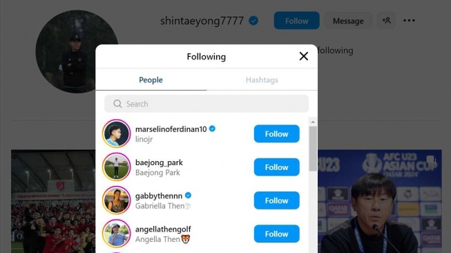 Akun Instagram Shin Tae-yong terlihat sudah memfollow akun Marselino Ferdinan. [Dok. Tangkapan layar/IG@shintaeyong777]