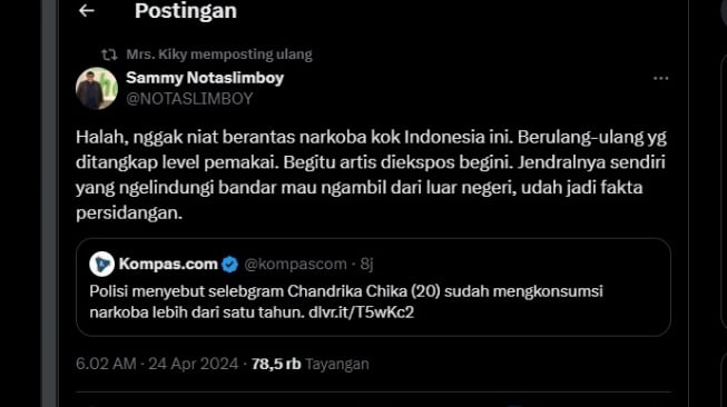 Cuitan Sammy Notaslimboy tentang seberapa serius pemberantasan narkoba di Indonesia. [X]