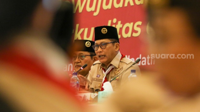 Ketua Kwarnas Pramuka Budi Waseso saat Rakernas Pramuka 2024 di Wiladatika, Cibubur, Jakarta, Kamis (25/4/2024). [Suara.com/Alfian Winanto]