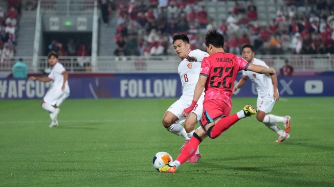 Pertandingan perempat final Piala Asia U-23 2024 antara Korea Selatan vs Timnas Indonesia di Stadion Abdullah bin Khalifa, Doha, Jumat (26/4/2024). [PSSI]