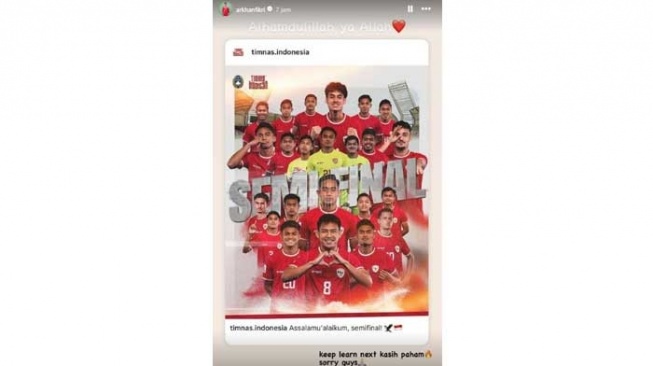 Unggahan Arkhan Fikri Usai Laga Indonesia vs Korsel.[Instagram @arkhanfikri]