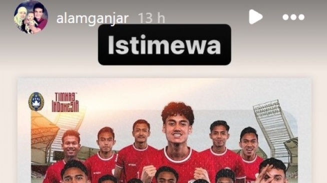 Tangkap layar story akun Instagram Alam Ganjar pasca kemenangan Timnas Indonesia U-23