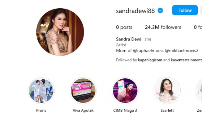 Tampilan Instagram Sandra Dewi dengan postingan kosong [tangkapanlayar/sandradewi]