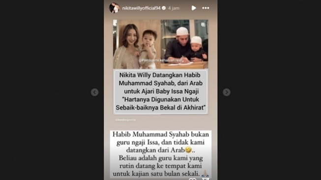 Nikita Willy Bantah Habib Muhammad Syahab adalah Guru Ngaji Baby Issa. [Instagram]