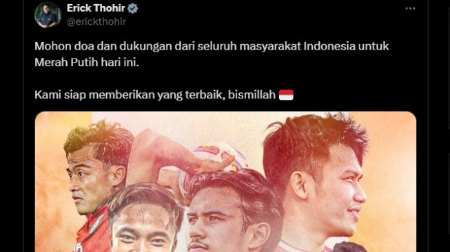 Erick Thohir Minta Doa Timnas Indonesia U23 Menang, Warganet Justru Fokus pada Gambar yang Diunggah. [X]