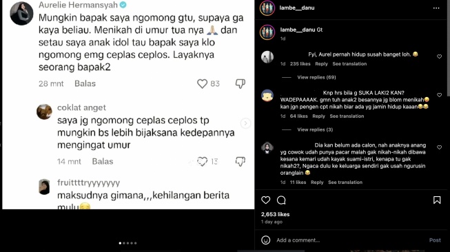 Aurel Hermansya pasang badan untuk Anang Hermansyah [Instagram/@lambe_danu]