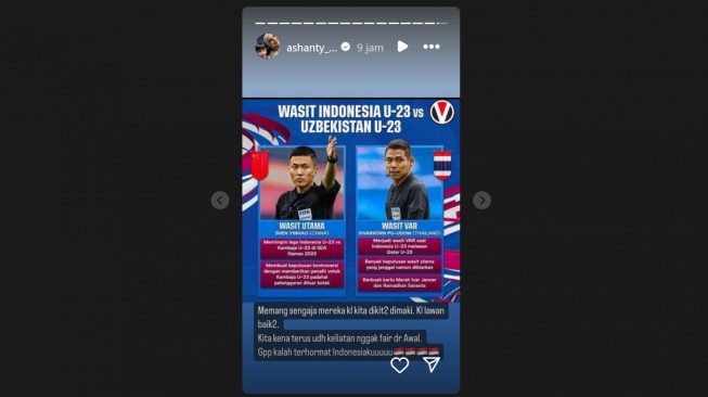 Ashanty geram dengan wasit semifinal Indonesia vs Uzbekistan (Instagram/@ashanty_ash)