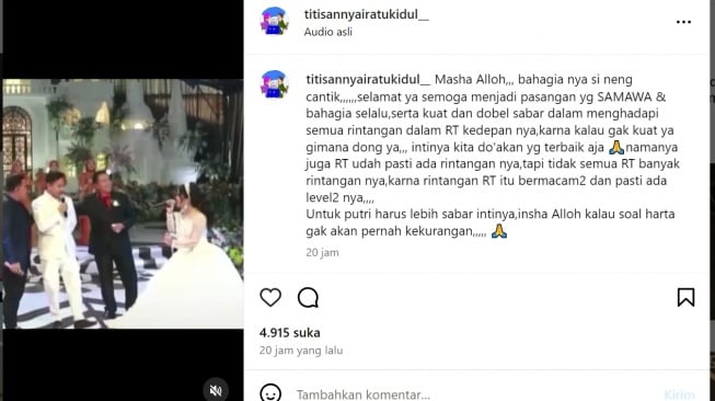 Peramal prediksi rumah tangga Putri Isnari dengan Abdul Azis (Instagram/@titisannyairatukidul__)