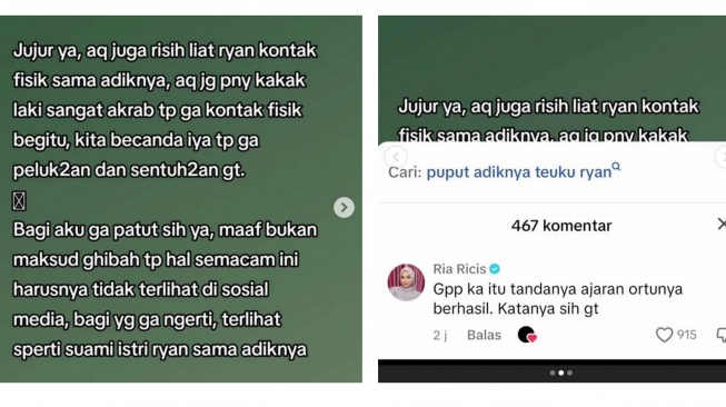 Ria Ricis menanggapi komentar warganet soal Teuku Ryan yang terlihat begitu dekat dengan adik perempuannya. [Instagram]