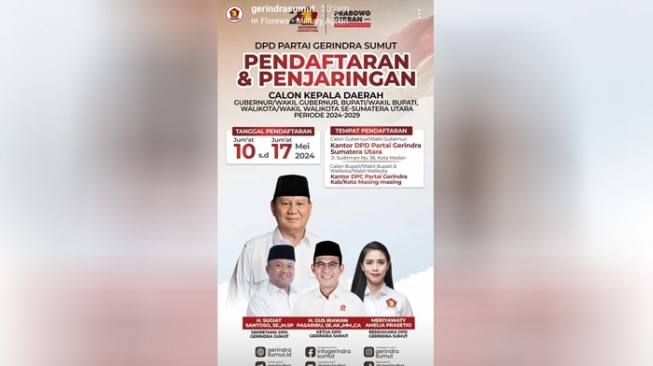 Partai Gerindra membuka pendaftaran calon kepala daerah di Sumatera Utara (Sumut). [Ist]