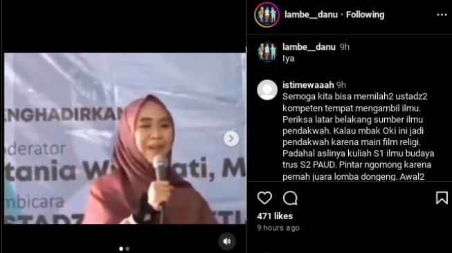 Tangkapan layar video ceramah Oki Setiana Dewi tentang istri yang sebaiknya diceraikan dan kini dikaitkan dengan Ria Ricis. (Instagram/@lambe__danu)