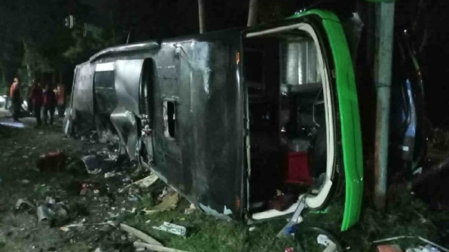 Bus ditumpangi pelajar SMK Lingga Kencana Depok kecelakaan di Subang, Sabtu (11/5/2024). ANTARA/HO