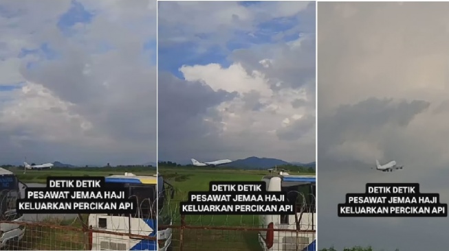 Tangkapan layar video detik-detik pesawat Garuda Indonesia pengangkut 450 penumpang calon haji asal Sulawesi Selatan mengeluarkan percikan api saat lepas landas terekam kamera warga, Rabu 15 Mei 2024 [SuaraSulsel.id/Istimewa]