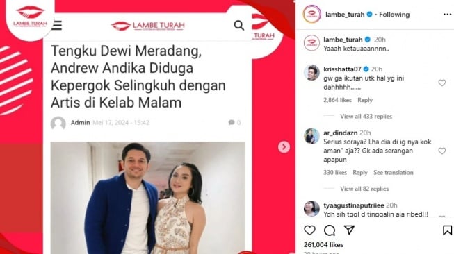 Kriss Hatta komentari isu perselingkuhan Soraya Rasyid dan Andrew Andika (Instagram/@lambe_turah)