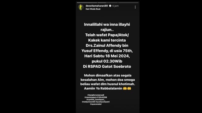 Ayah Deswita Maharani meninggal dunia (Instagram/@deswitamaharani)