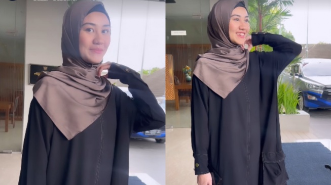 Aaliyah Massaid tampil tertutup di Aceh, pakai gamis dan hijab. (kolase Instagram/@thariqhalilintar)