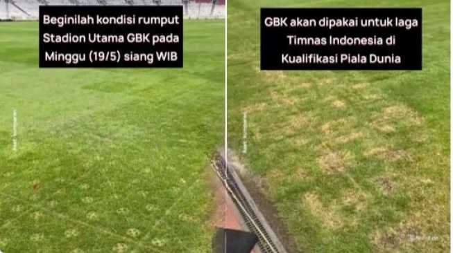 Salah satu unggahan di media sosial mengenai kondisi rumput Stadion Utama GBK pasca dipakai konser Kpop. (X @idextratime)