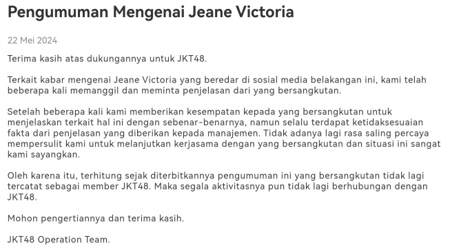 Pengumuman Jeane JKT48 dipecat (websitenya resmi JKT48)