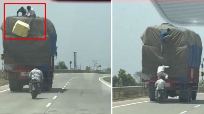 Viral Aksi Nekat Bajing Loncat Terekam Curi Muatan dari Atas Truk