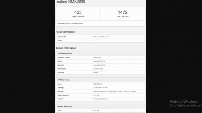 Skor Geekbench Realme C63. [Mysmartprice]