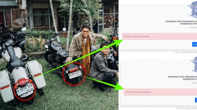 Nopol moge yang ditunggangi Ariel dan Raffi Ahmad. (Instagram/@24olik via @arielnoah dan Samsat DKI)