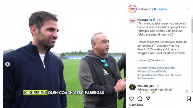 Asisten manajer Como 1907, Cesc Fabregas memantau langsung latihan Timnas Indonesia U-20 di markas tim yang musim depan akan bermain di Serie A Italia tersebut. [Dok. Tangkapan layar/Vidio]