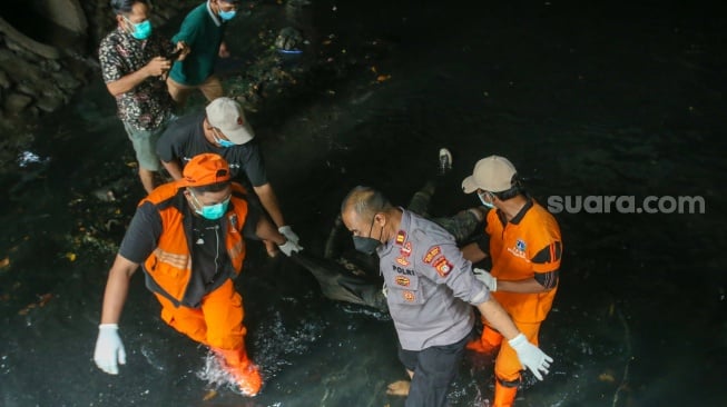 Petugas gabungan mengevakuasi jenazah di kawasan Bundaran HI, Jakarta, Selasa (4/6/2024). [Suara.com/Alfian Winanto]