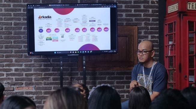 Kepala Biro Suarajogja.id, Rendy Adrikni Sadikin memberikan materi perkembangan industri media ke mahasiswa FISIP Universitas Atmajaya Yogyakarta (UAJY) di Kantor Suarajogja.id, Condongcatur, Depok, Sleman, Kamis (6/6/2024).